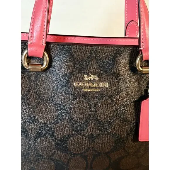 Coach CROSSBODY PURSE Alice Satchel Dark Signature Canvas &‎ Rouge Pink Trim - Picture 3 of 8
